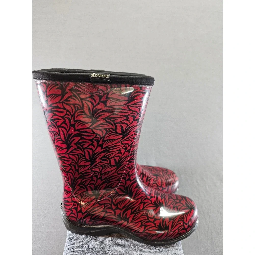 Sloggers Womens Red Black Leaf Print Waterproof Rain Garden Boots Made in USA 9